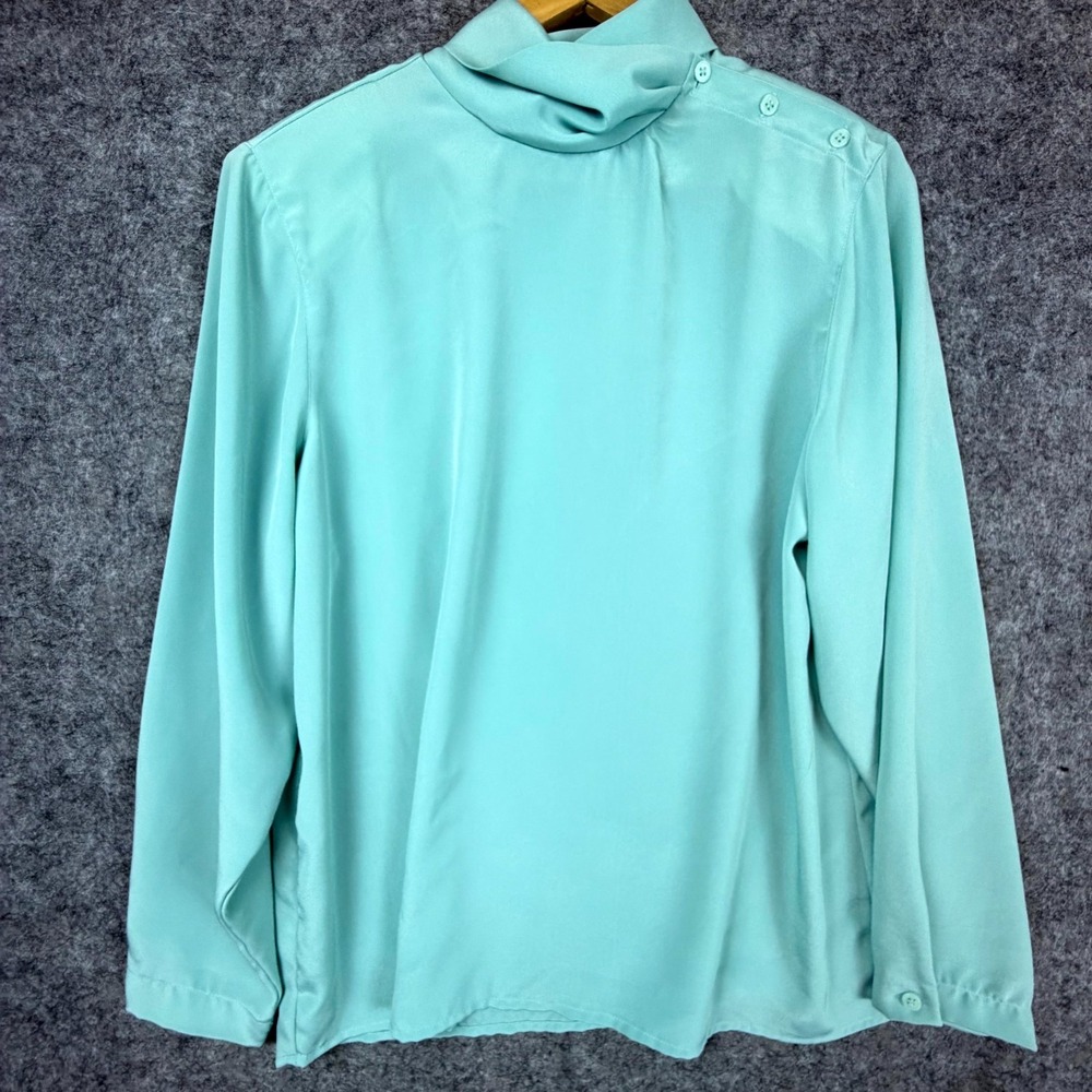 Vintage Visions Ship N Shore Secretary Blouse 80s Pastel Seafoam Button Shoulder